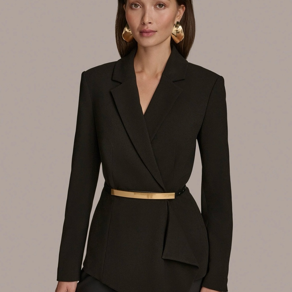 Donna Karan New York Women’s Black Blazer with Gold Accent Asymmetric-Hem